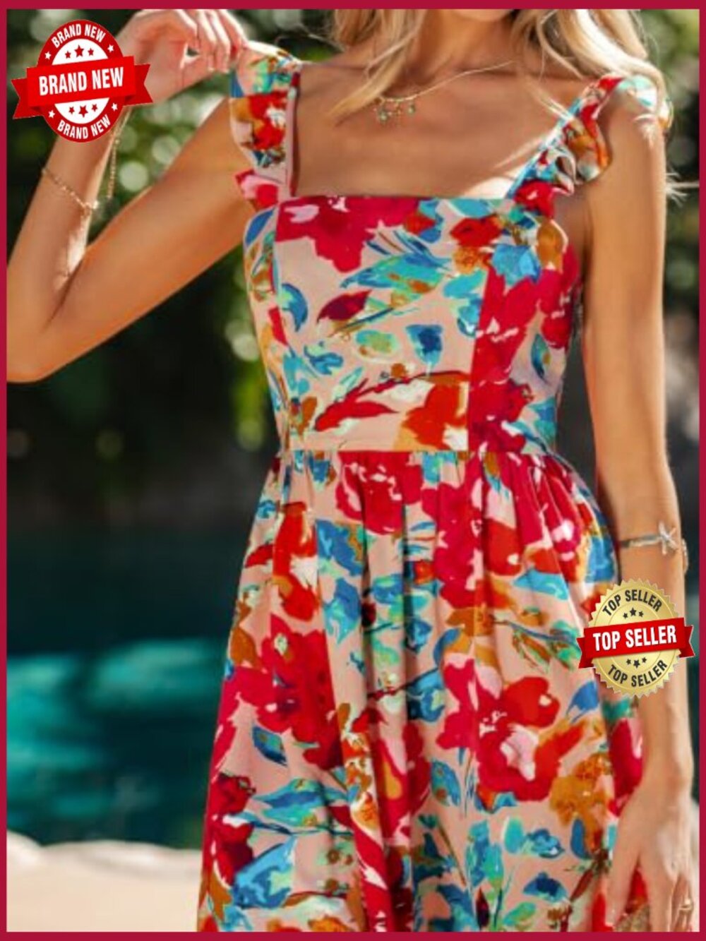 Boho Floral Midi Sundress Square Neck Ruffle Sleeveless Smocked Bow Dress Flowy - Picture 7 of 7